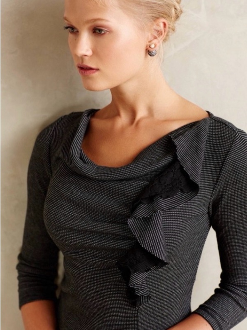 Anthropologie Charcoal Ruffle-Accent 3/4 Sleeve Ophelia Knit Top by Deletta